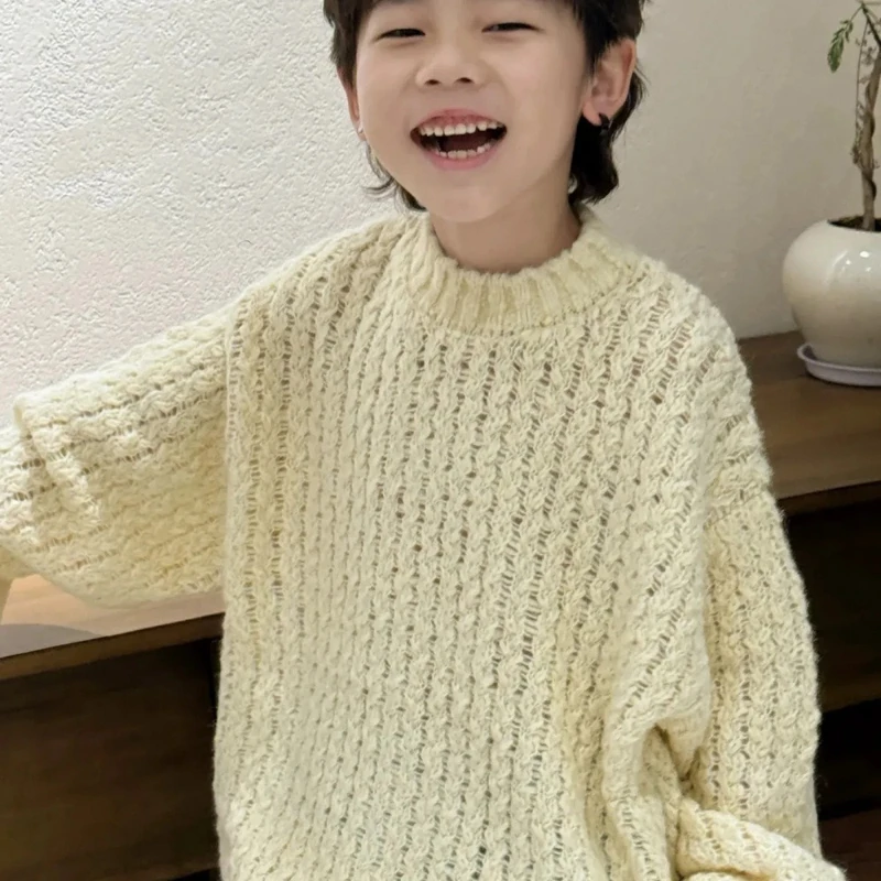 

Новинка 2025, детский осенне-зимний модный универсальный свитер с высоким воротником, простой молочно-желтый свитер с длинными рукавами