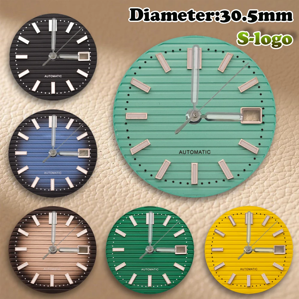 نوتيلوس ستايل قرص أسود 30.5 ملم لـ NH35/NH36 |   شعار S وأخضر مضيء |   ملحقات تعديل الساعة عالية الجودة