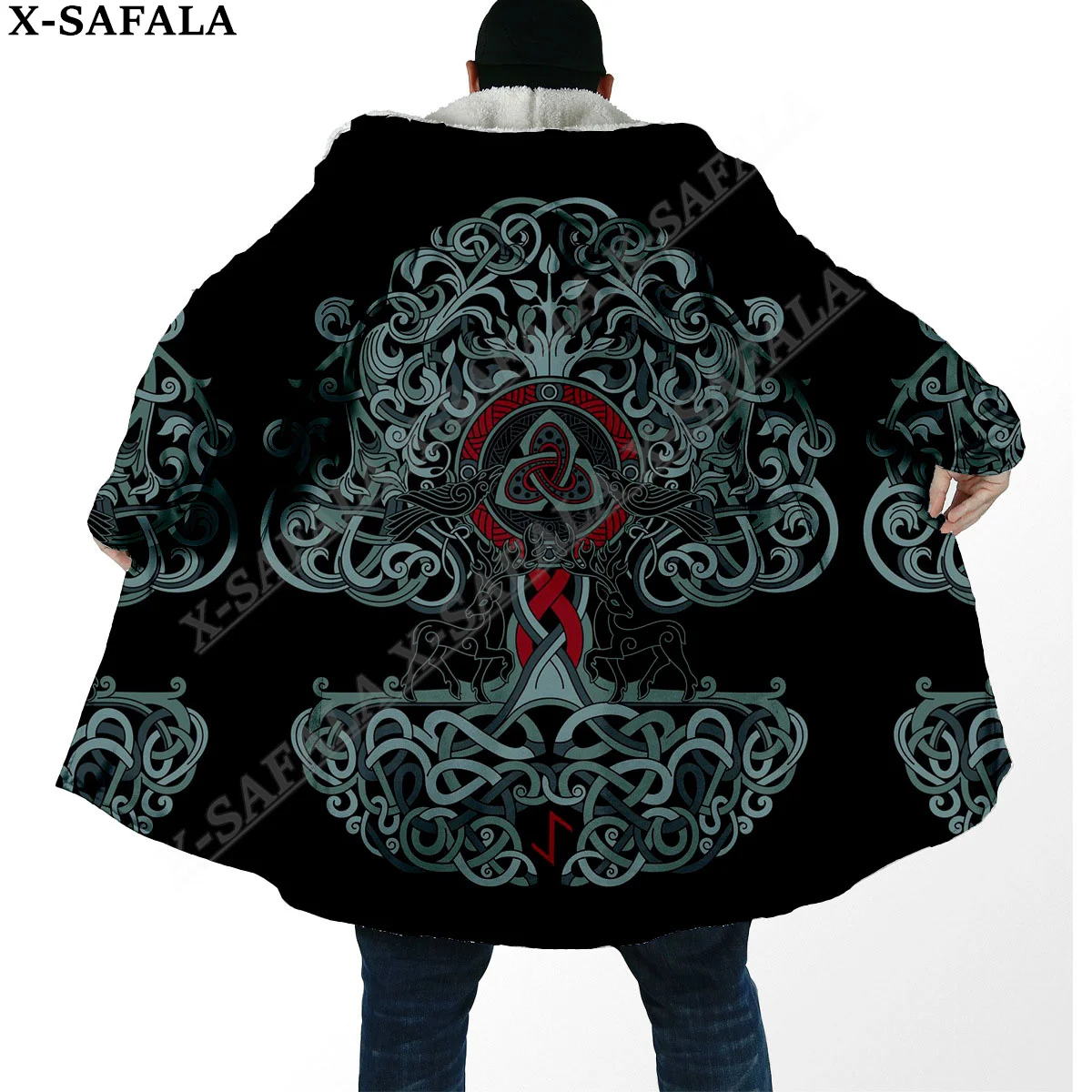 Wolf Raven Tattoo Symbol Viking Odin Tree of Life Overcoat Coat 3D Print Thick Warm Hooded Cloak  Men Windproof Fleece Unisex-8