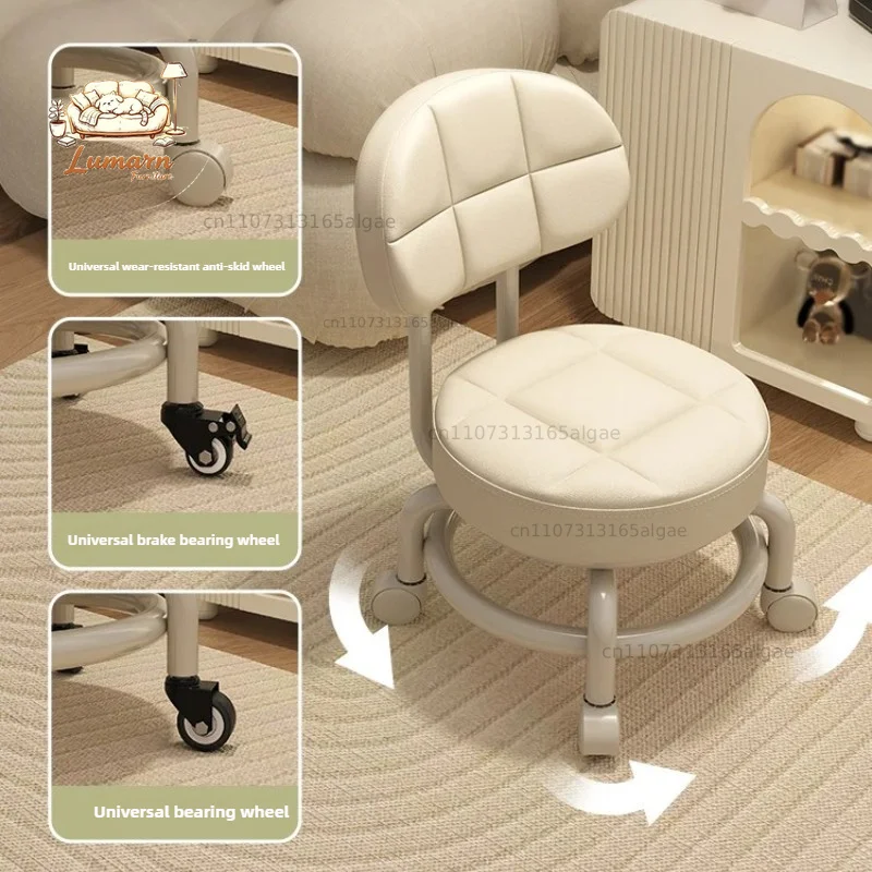 ‌Swivel Wheel Footrest Chair - Portable Space-Saving Ergonomic Soft Cushioned Round Stool with Backrest for Kids & Home