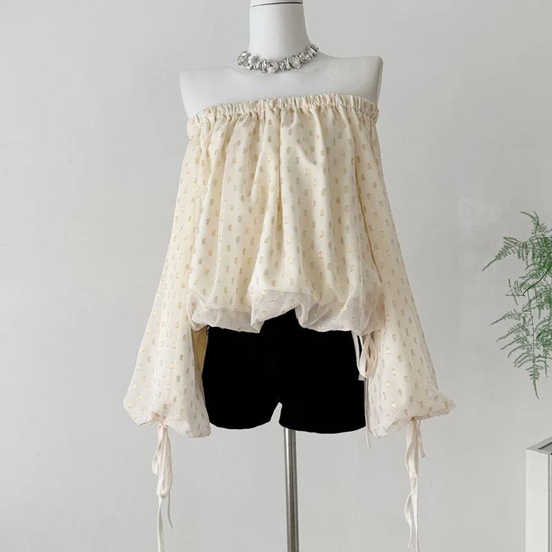 

Fashion Off-the-Shoulder Shirts Women Lantern Sleeve Loose Casual Tops Blouse with Liner