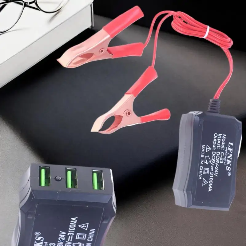 1Pcs 24V/12V to 5V Adapter with 3USB Ports for Cell Phone Charging, High Efficiency Battery Clip Emergency Power