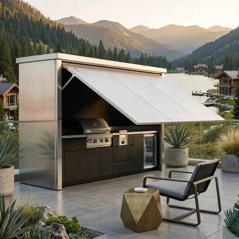 Customized SS304 Outdoor Kitchen BBQ Pod for Patio Stainless Steel BBQ Island with Shed and Modern Outdoor Design