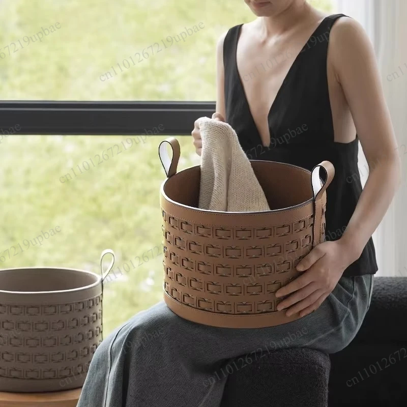 Luxury Woven Leather Storage Basket, Collapsible Clothes Laundry Hamper with Handles for Bedroom Laundry Room Home Decor