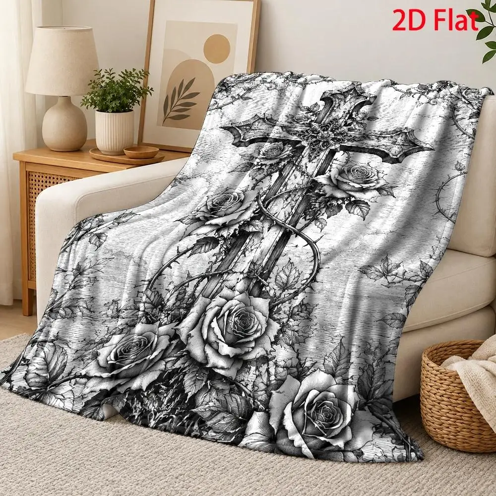 1pc 2D Flat DIY Coloring Throw Blanket, Gothic Cross & Thorn Rose Line Art, Oil Painting Style Christian Symbol Decor Blanket