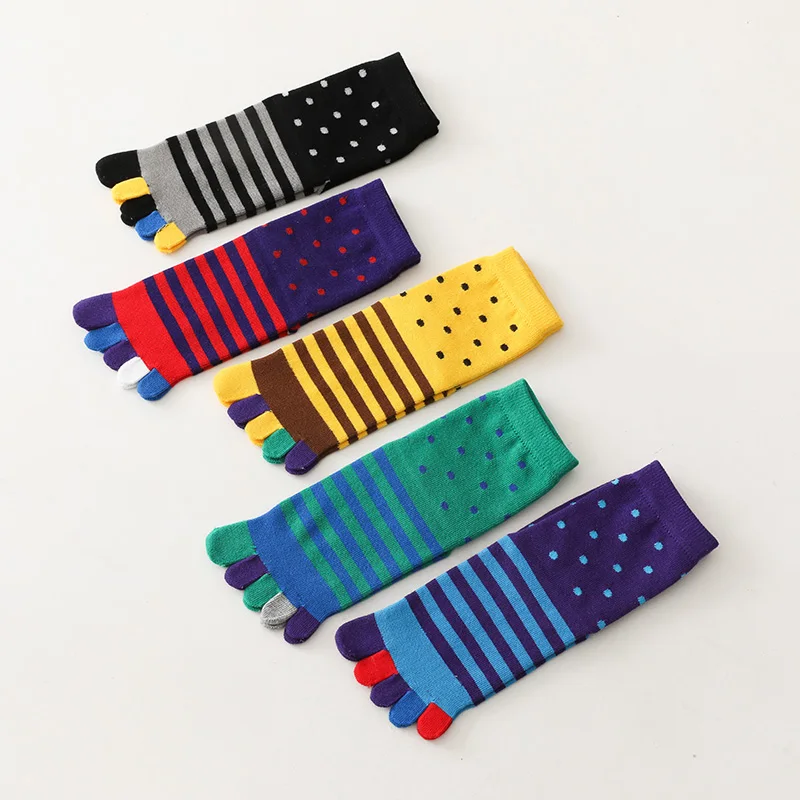 Large Size Five-Finger Socks Man Cotton Striped Dot Patchwork Colorful Business Fashions Sweat-Absorbing Toe Happy Socks Plus