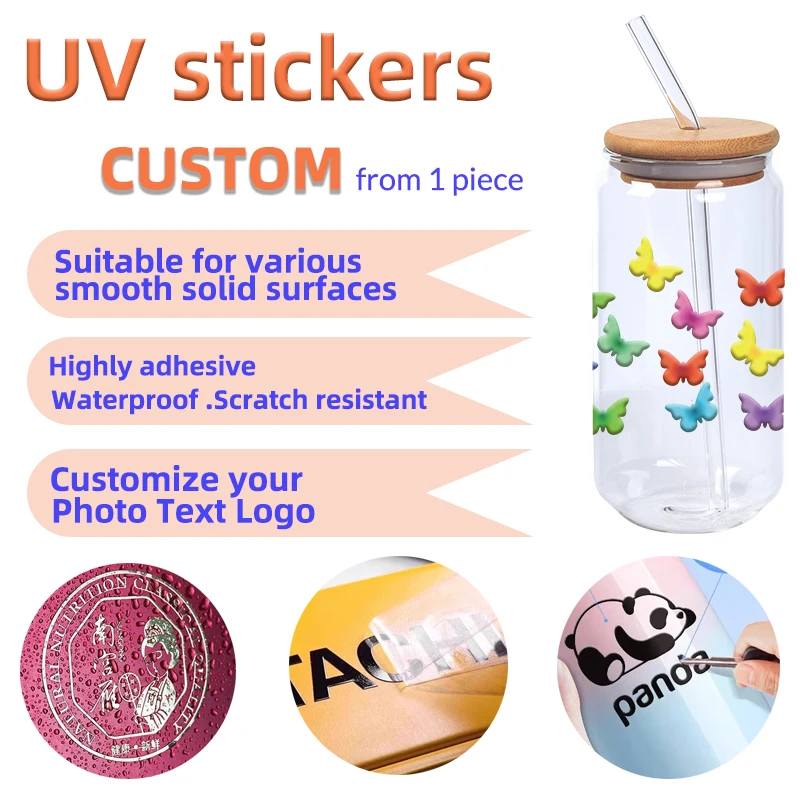 UV Transfer Sticker Custom Logo Image and Text DIY Self-Adhesive Waterproof Patches for 16 Ounce Water Cup Printing
