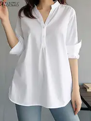 ZANZEA Women Fashion Whiter Shirts Casual Loose Button Down Blusas 2024 Summer Office Blouse Korean OL V-neck Long Sleeve Tunics