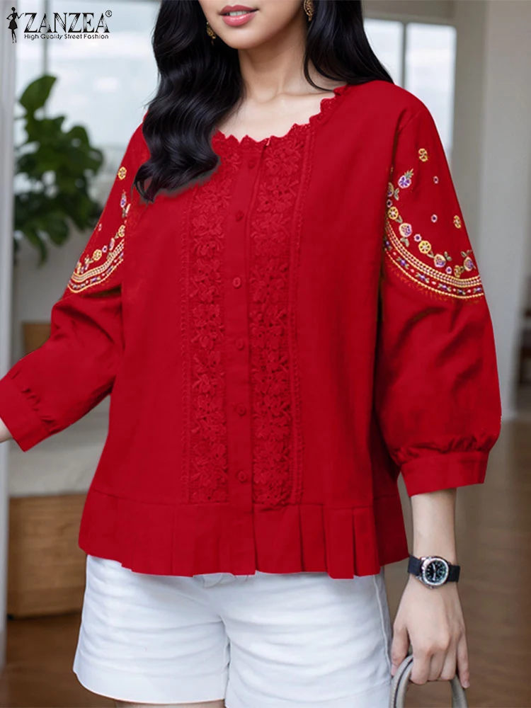 

ZANZEA 2025 Fashion Summer Embroidery Tops Women 3/4 Sleeve Loose Blouse Round Neck Vintage Lace Shirts Casual Blusas Femininas