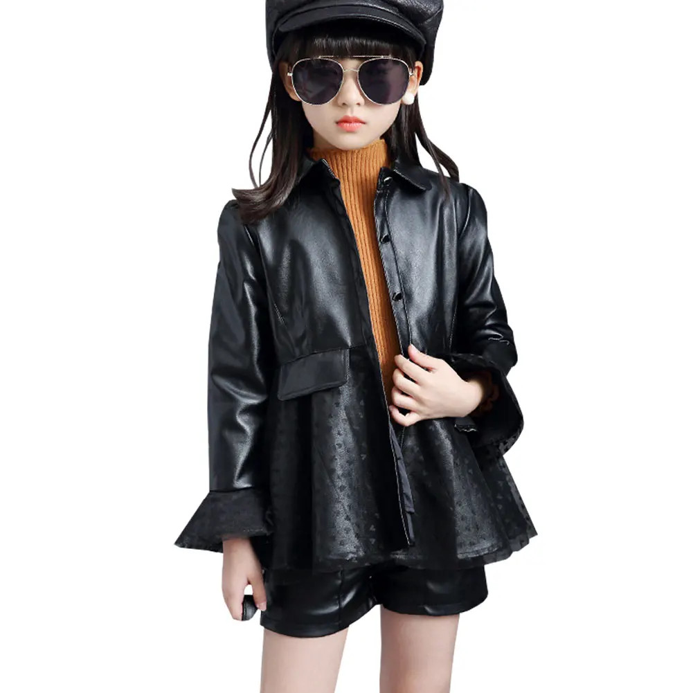 Children's PU Leather Jacket Lapel Girls Transition Coat Motorcycle Biker Windproof Cardigan Short Outerwear for Spring/Autumu