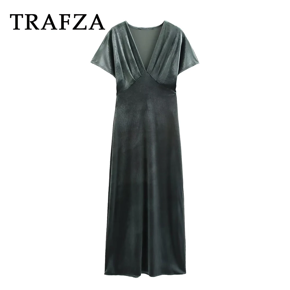 

TRAFZA Fashion 2024 Autumn Velvet Solid Gray Vintage Women Dress V Neck Short Sleeve Night Party Slim Sheath Elegant Chic Dress