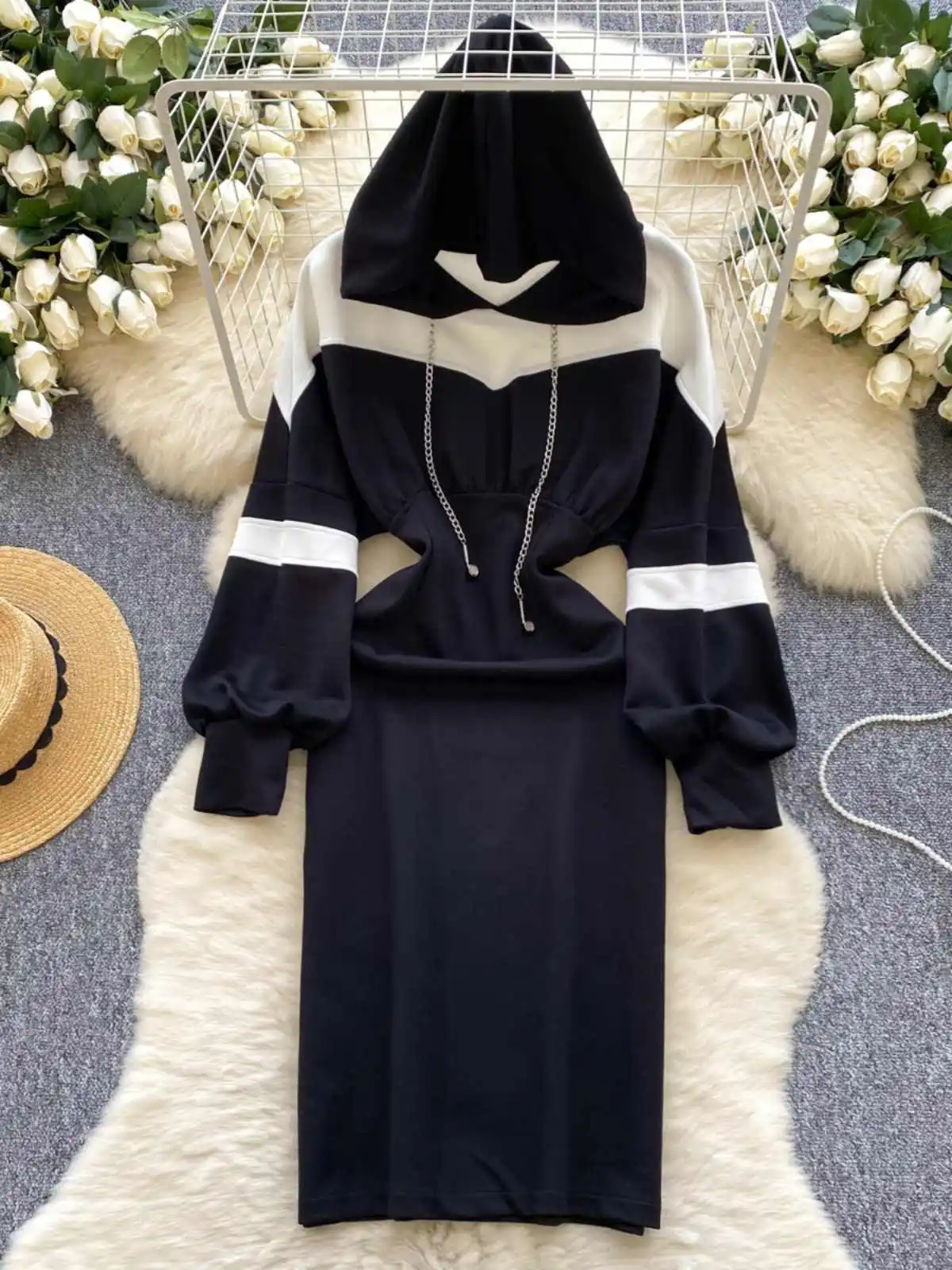 Fashion Clashing Color Hooded Sweatshirt Dress Women's Spring Autumn Simple Long Sleeve Commuter Long Pullover Dresses