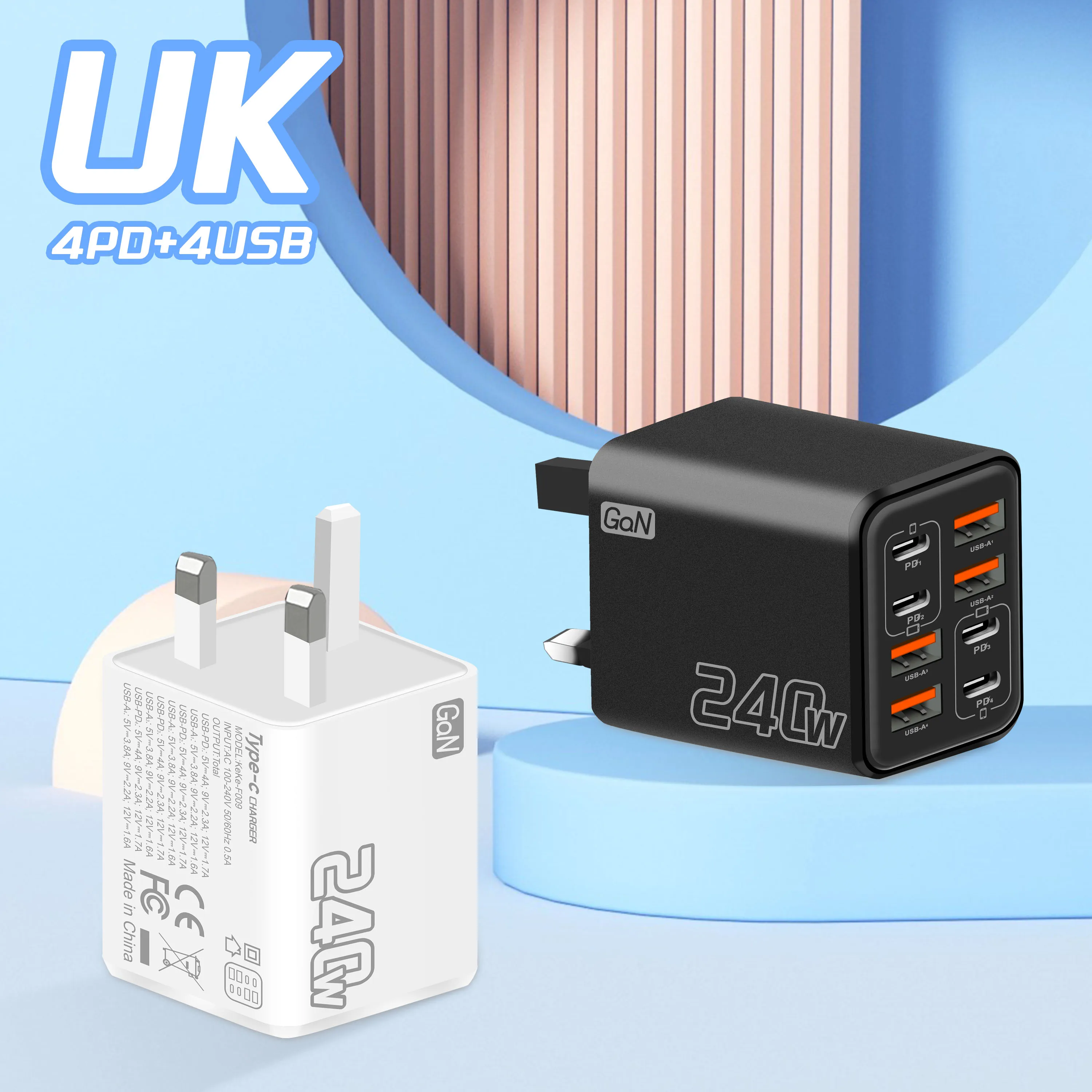 240W GaN 8 Ports Fast Charger UK Plug 4Type‑C PD +4USB‑A Multi Port Wall Charger Power Adapter For iPhone Samsung Xiaomi