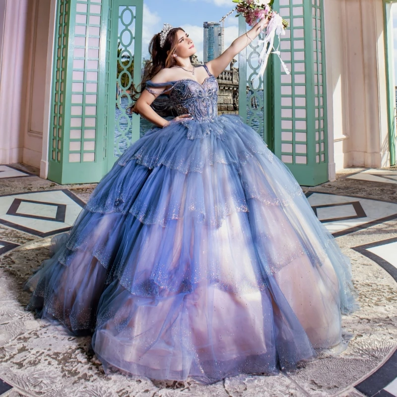 

Navy Blue Shiny Quinceanera Dresses Off The Shoulder Beading Crystal Tiered Tull Party Birthday Sweet 16 Dress Vestidos 15 De