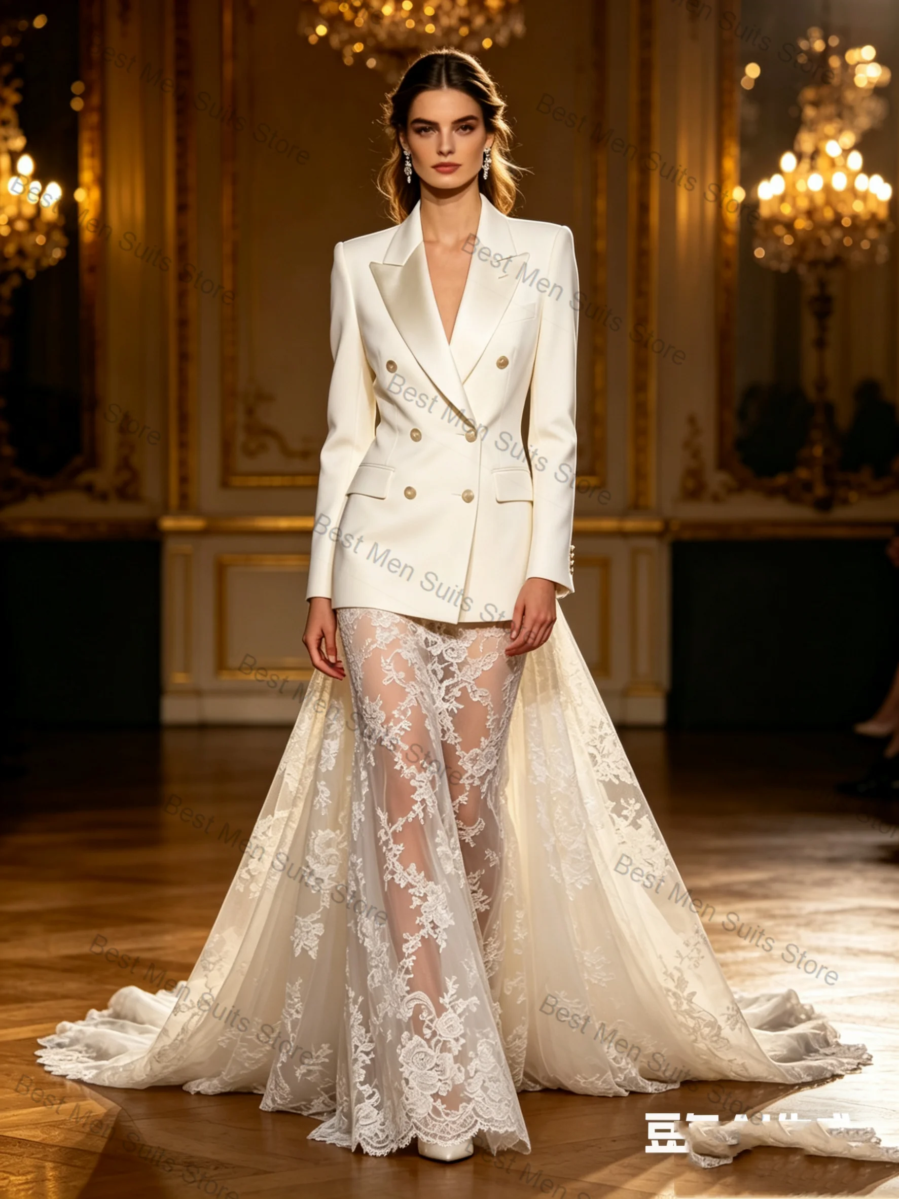 

White Women Suit Set 2 Pcs Blazer+Lace Prom Dress Formal Business Office Jacket Customized Wedding Tuxedo Guest Coat
