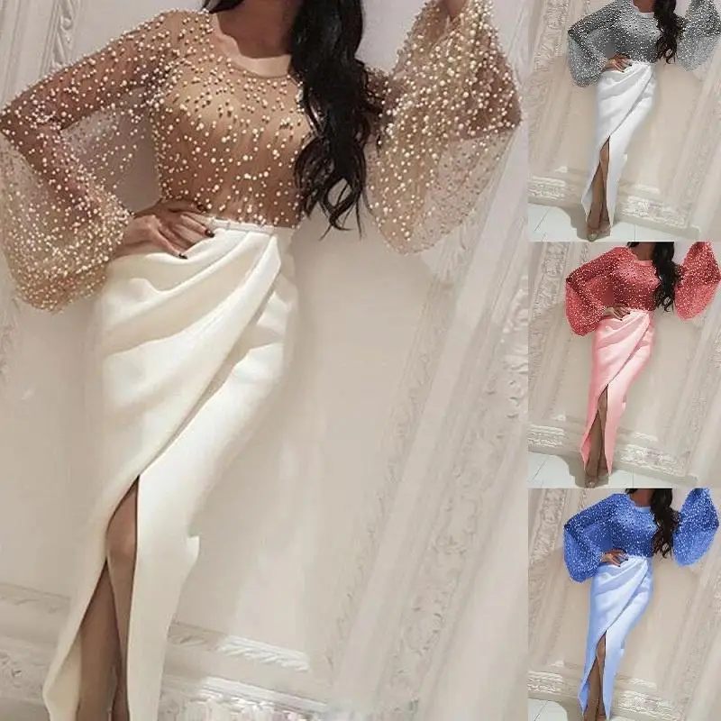 Herbst Neue Damenmode Elegantes Langes Kleid Mesh Schlankes Ballkleid Cocktailkleid