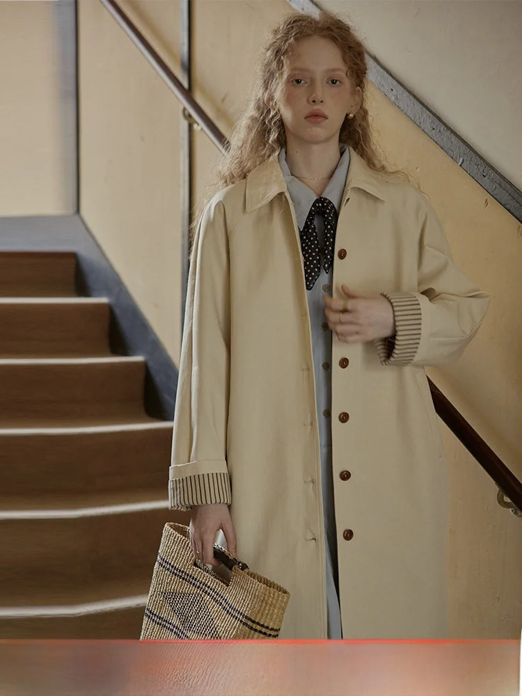 

C.PAIA Qia Pi Ya Barn Sle Cry Rice Micro Glossy Women's Long Coat Vintage Loose Fit Polyester Cotton Blend Spring