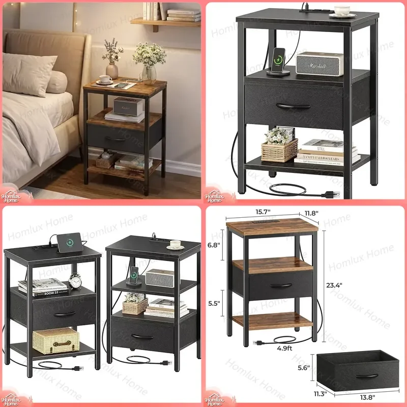 Retro Industrial Wooden Bedside Table with USB Charging Port Large Storage Space Easy Assembly for Bedroom Apartment Hotel
