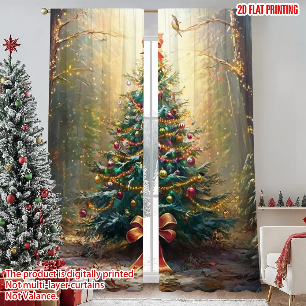

2pcs 2D flat printing Merry Christmas Popular Curtains Charming Christmas tree with birds and gifts Polyester Without