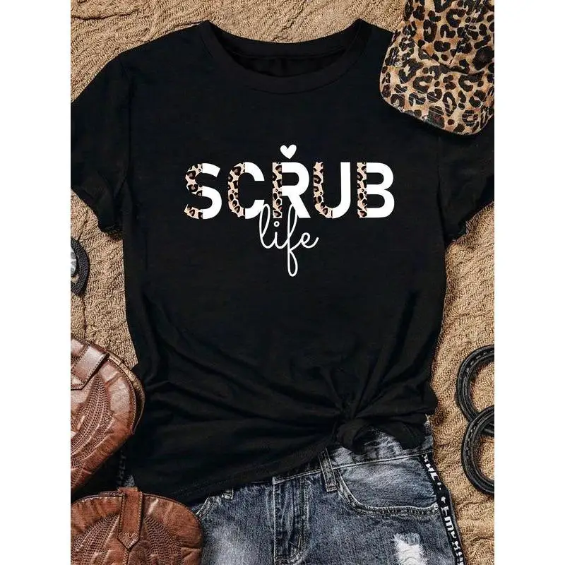 

Women's Funny "SCRUB life" T-Shirt Nurse Doctor Medical Graphic Tee Leopard Print RN Gift Casual Cotton Top
