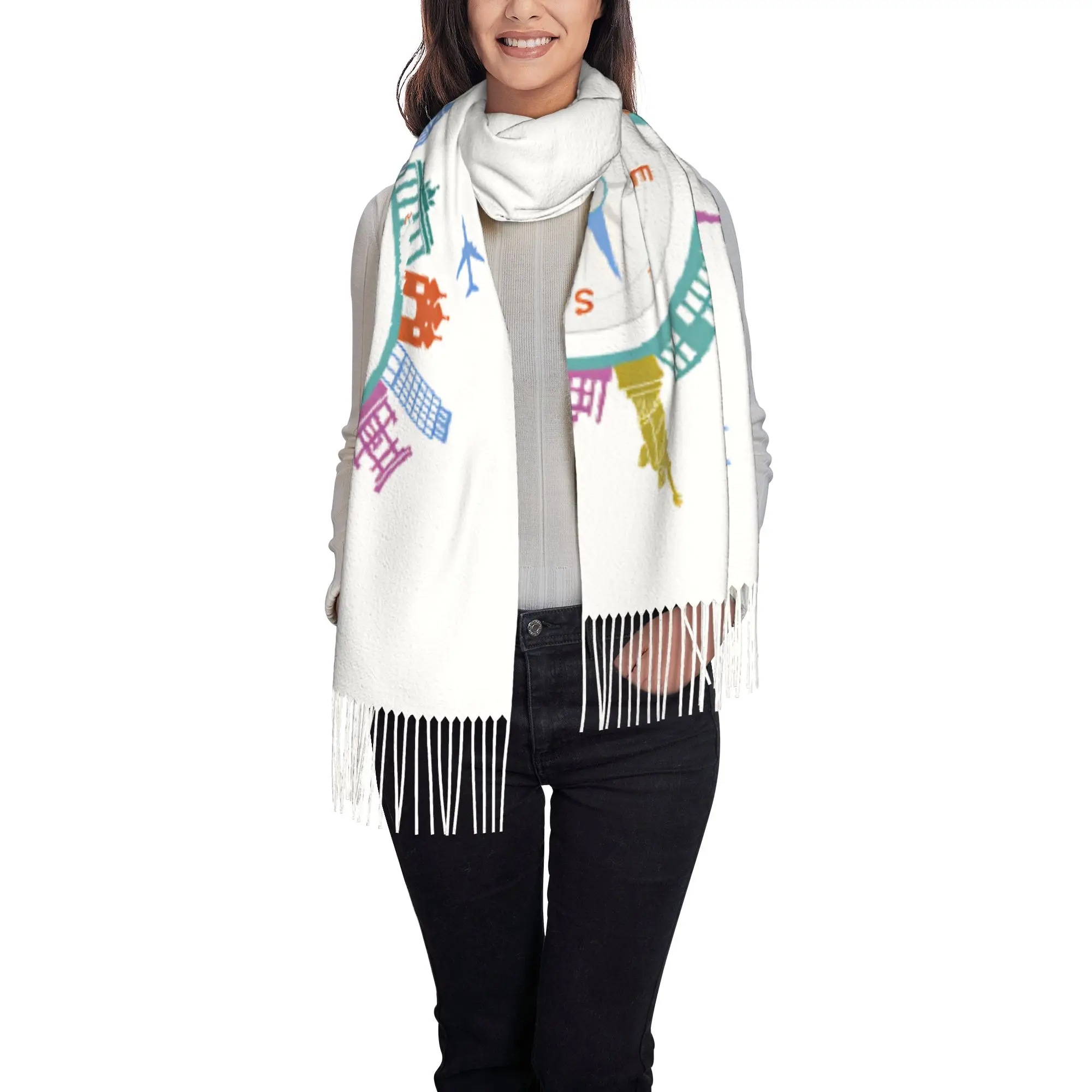 Custom Print Colorful Compass World Landmarks Travel Print Scarf Women Men Winter Warm Scarves  Shawls Wraps