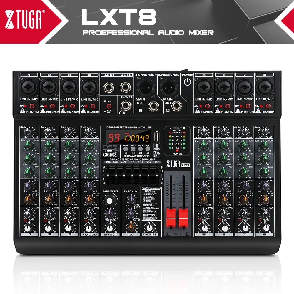 XTUGA Professional 8 Channel Audio Mixer with 99 DSP Effects,7-band EQ,48V Phantom Power,USB Interface Recording For Stage