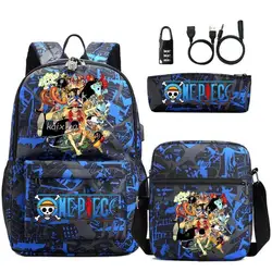 3Pcs/Set Japan Anime One Piece Students Boys Girls Schoolbag USB Backpack Children Teenager Cartoon Waterproof School Bag