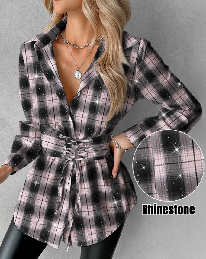 

Korean Version Lazy Style Women's Shirt 2024 Autumn Casual Lapel Plaid Print Hot Drilling Eye Tie Long Sleeved Sense Niche Shirt