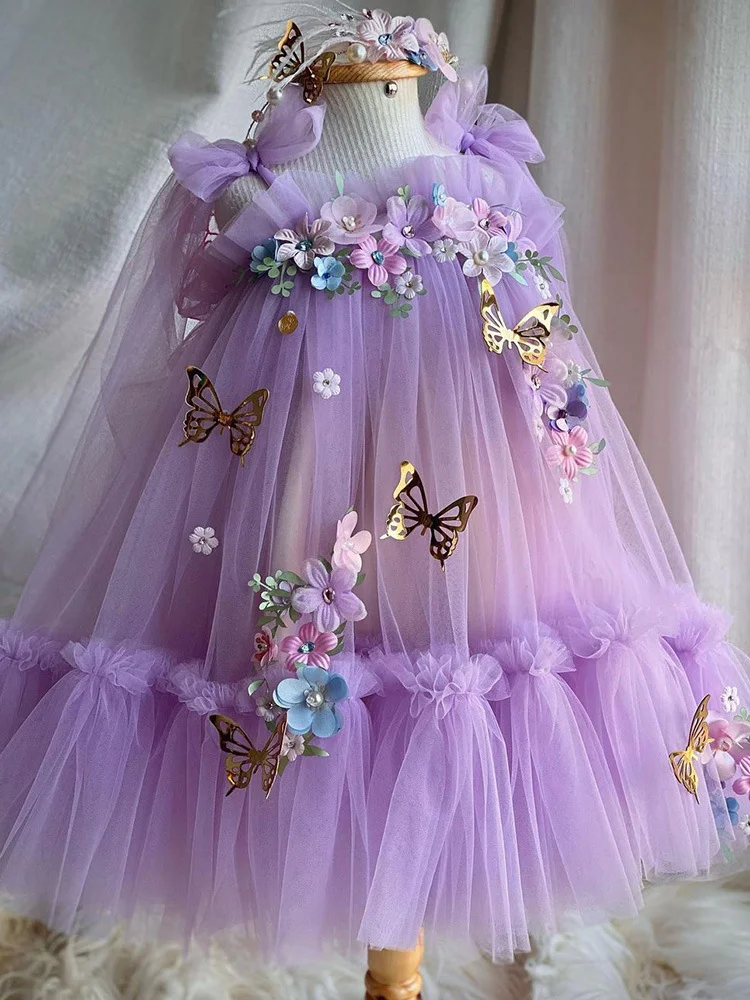 elegant girl evening dress Purple fluffy butterfly wings girl princess dress Carnival High end Performance Dress cute 2-6-year-o