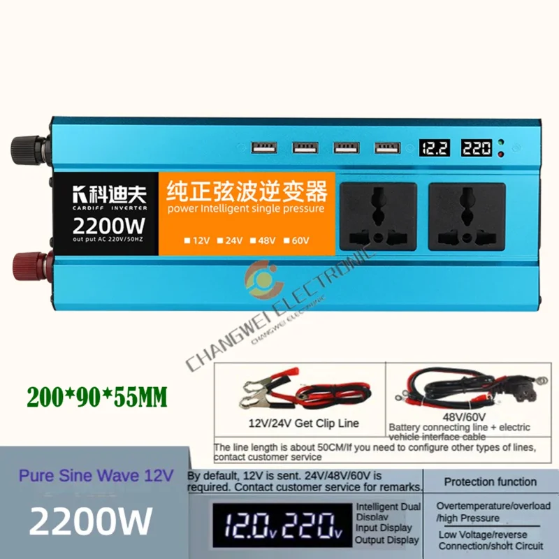 Dual Voltage Universal Pure Sine Wave Inverter DC 12V/24v To AC 220V 2200W Power Converter Solar Inverter Supports Two Voltages