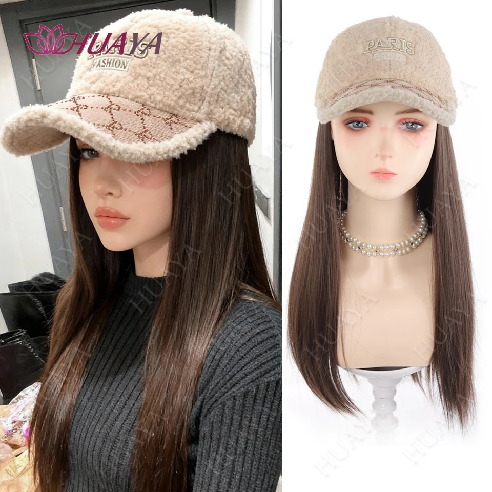 Synthetic Long Straight Warm Baseball Cap Hat Wig Fashion Hat Hair Extensions Wig for girls with Heat Resistant Hairpiece