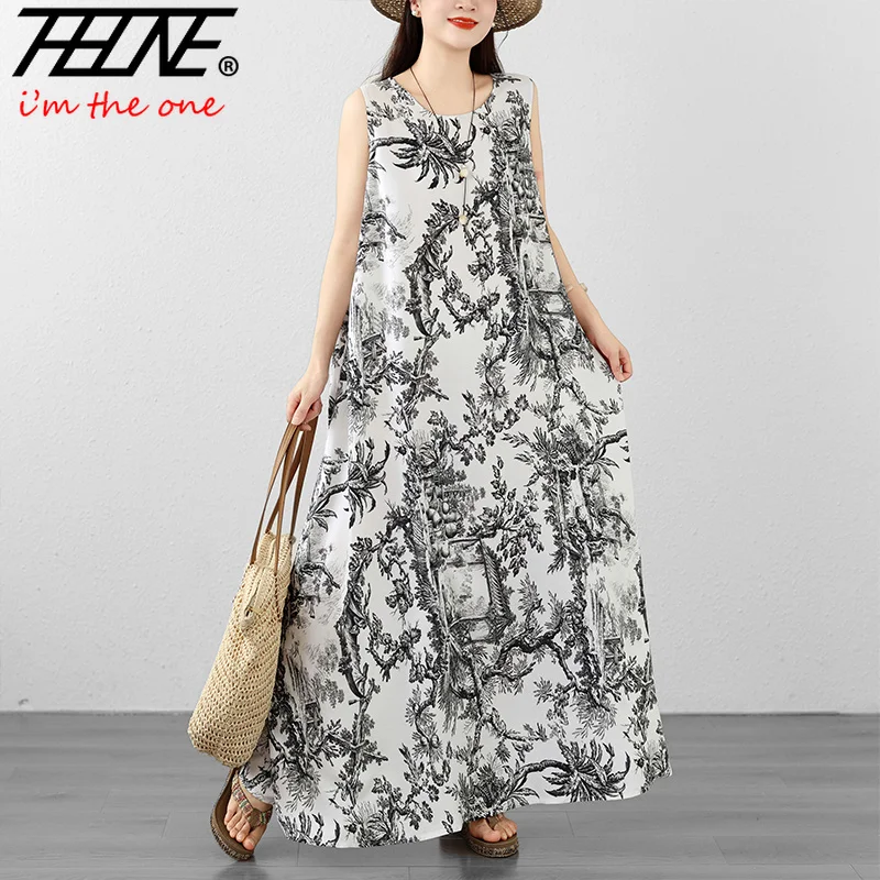 THHONE Vestido Largo sin Mangas de Verano para Mujer 2026, Cuello Redondo, Estampado Bohemio, Estilo Casual de Playa para Vacaciones, Vestidos para Mujer