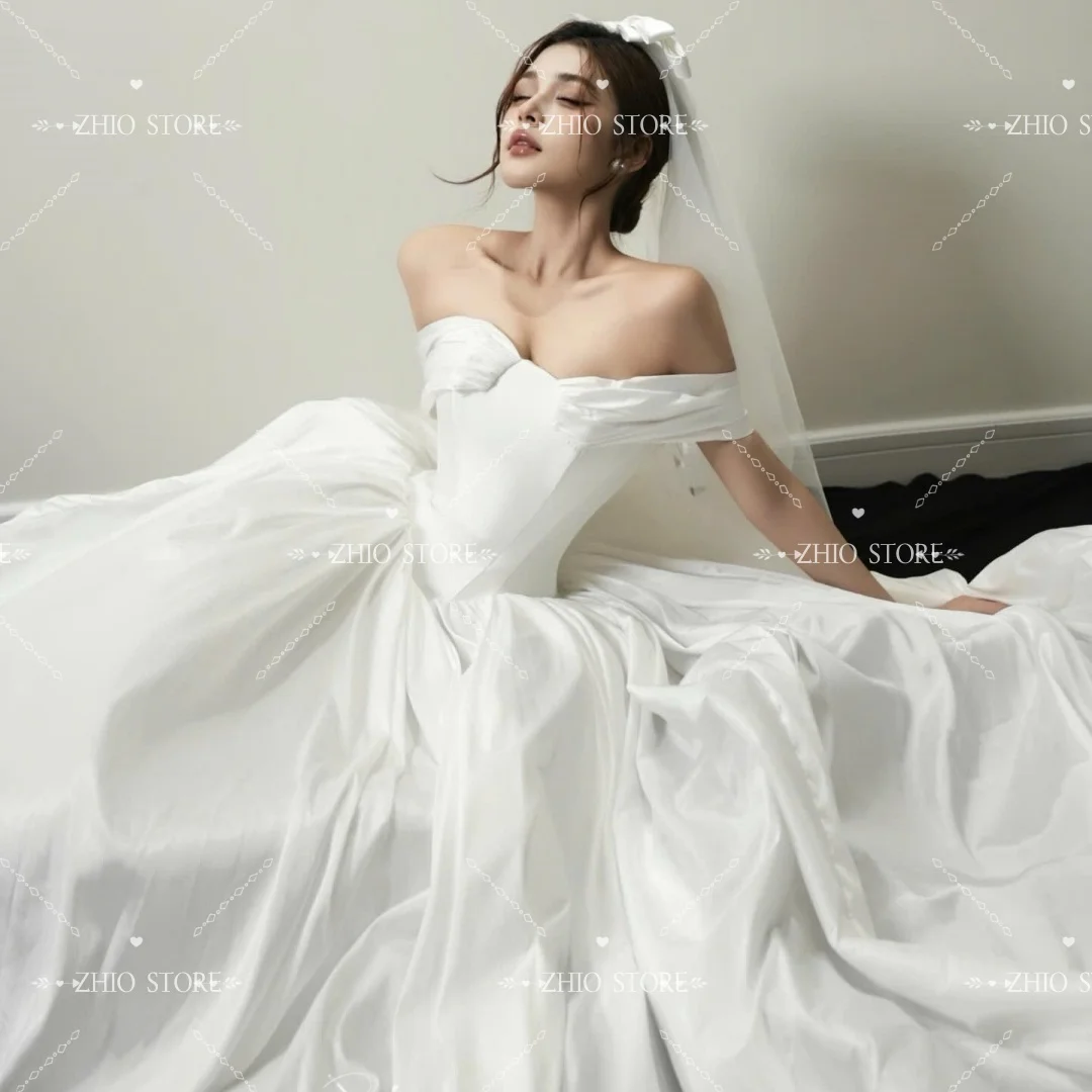 Zhi moderno marfim fora do ombro vestido de festa de casamento puff pêndulo vestido coreia sessão de fotos vestido de recepção de noiva personalizado