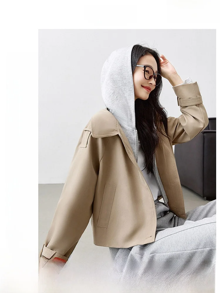 

Свободная модная женская куртка-пальто в британском стиле с капюшоном, короткая верхняя одежда для осеннего сезона, качественная, из полиэфирного волокна, с длинными рукавами