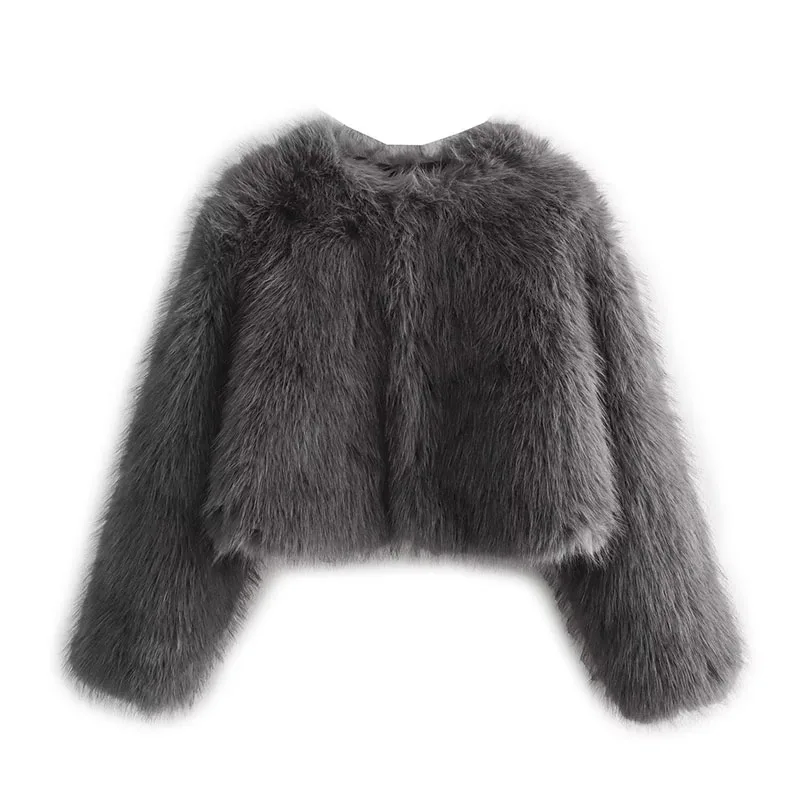 Grey Artificial Fur Coat for Women Autumn Winter O-Neck Buckle Short Overcoat Solid Color Long Sleeved Thickened Warm Outerwear