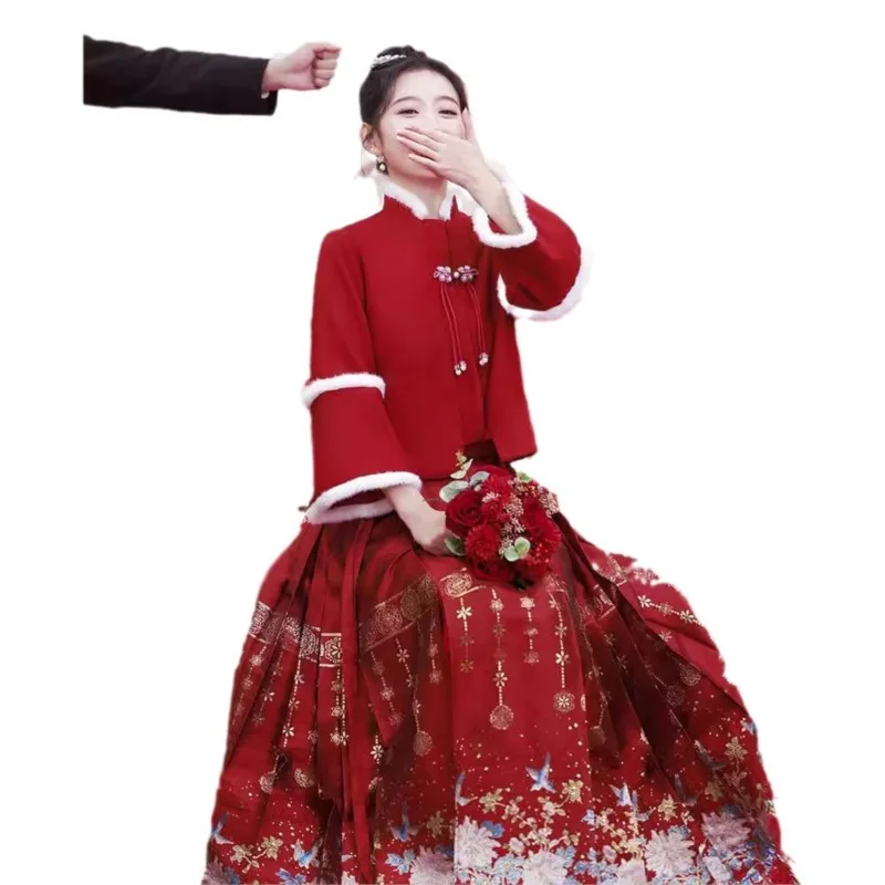 فستان نخب أحمر سميك مكون من قطعتين على الطراز الصيني #5