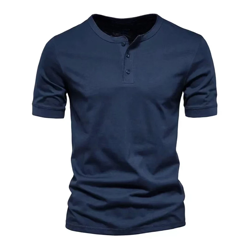 Summer T-shirt Men Henley Collar Solid Color Button Short Sleeve T Shirt Mens Casual Tops Tees High Quality Pullover Top 7 Color