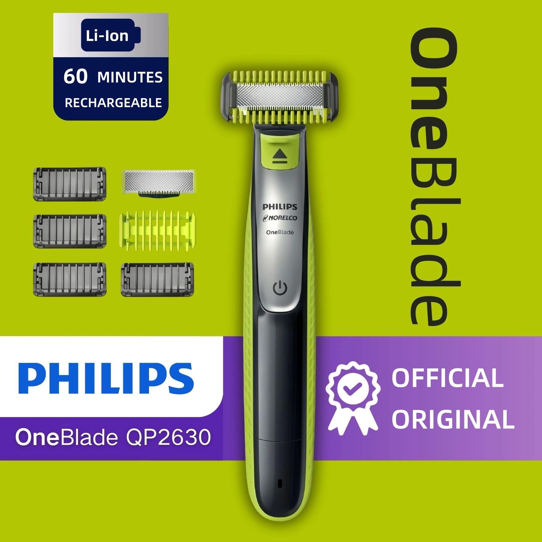 

Philips Norelco OneBlade Гибридная электрическая бритва и триммер для бороды для мужчин, влажная и сухая, с расческой и триммером для волос на теле, QP2630