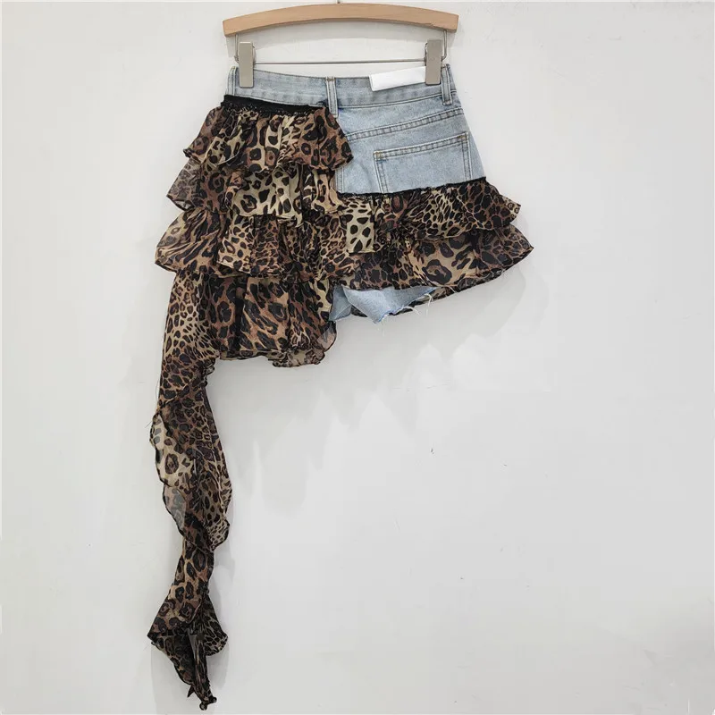 Design-sense Spice Girl Denim Patchwork Chiffon Leopard Print Mini Skirt, Fashionable and Versatile Irregular Cake Skirt Women