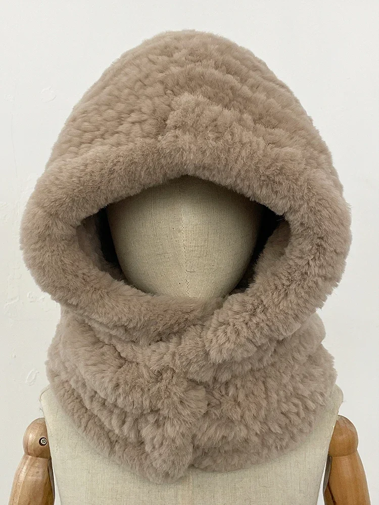 

2025.Female Thick Warm Natural Rabbit Fur Bomber Hat Scarf New Winter Cute Windproof Real Fur Cycling Cap with Muffler