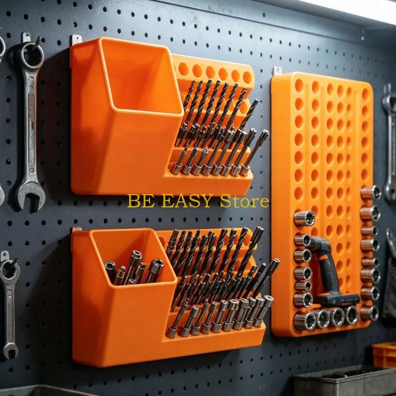 E28F Wall Mount Bit Holder with Pegboard Hanging Design, Rear Storage Box and Holder Section Design, 2 Piece Plastic Set for