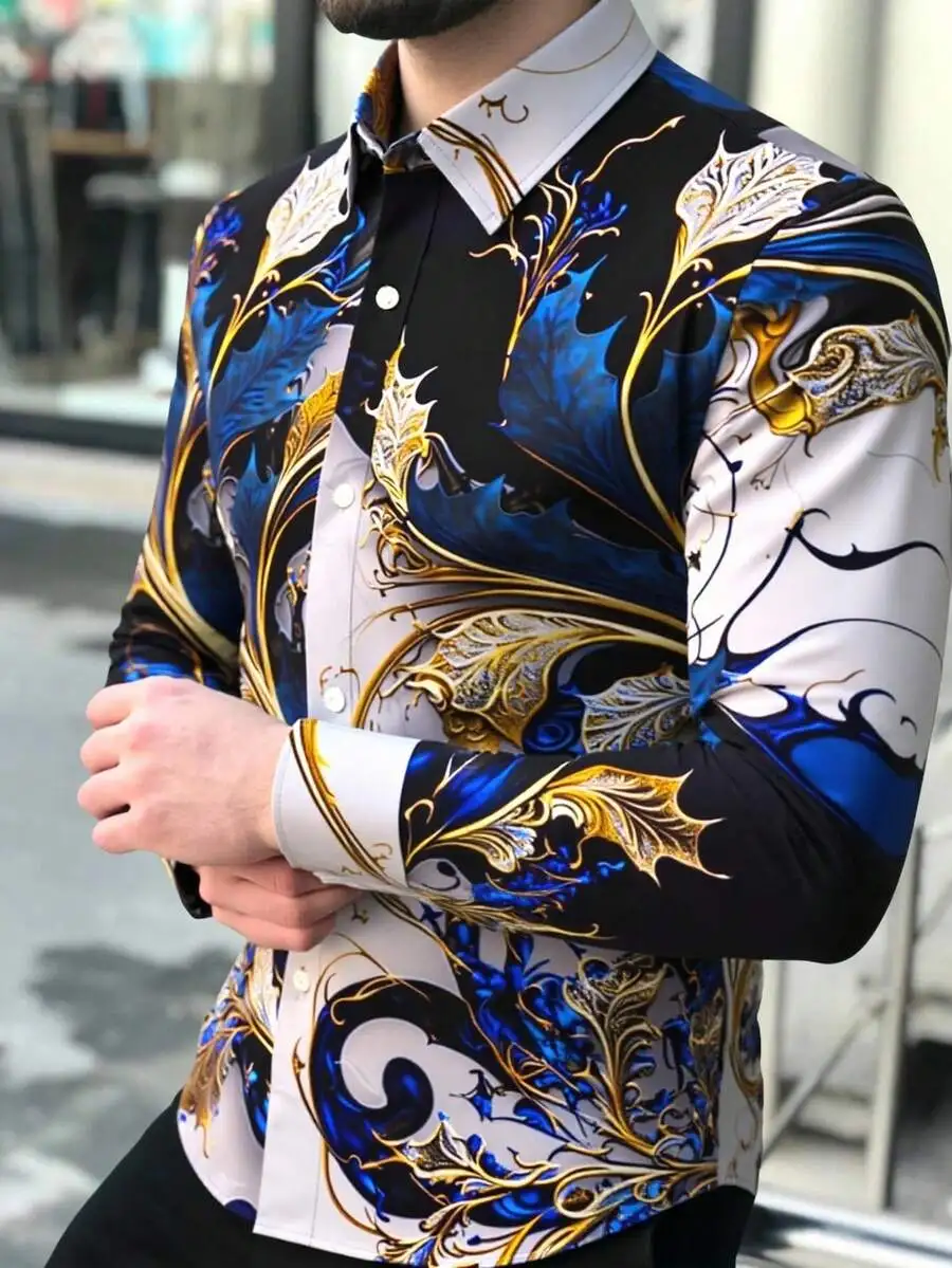 

Men's Long Sleeve Shirt with Blue Gold Floral Print, Casual Luxury Style for Spring Fall