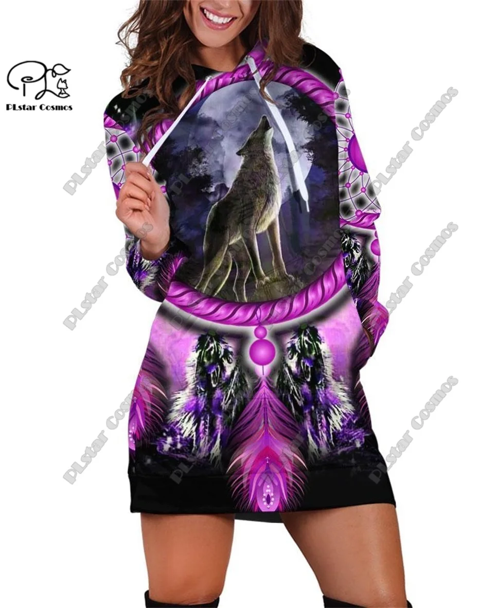 

PLstar Cosmos 3D Printing Latest Retro Aboriginal Wolf Feather Totem Hoodie Dress Harajuku Streetwear Pullover Women's Style 3