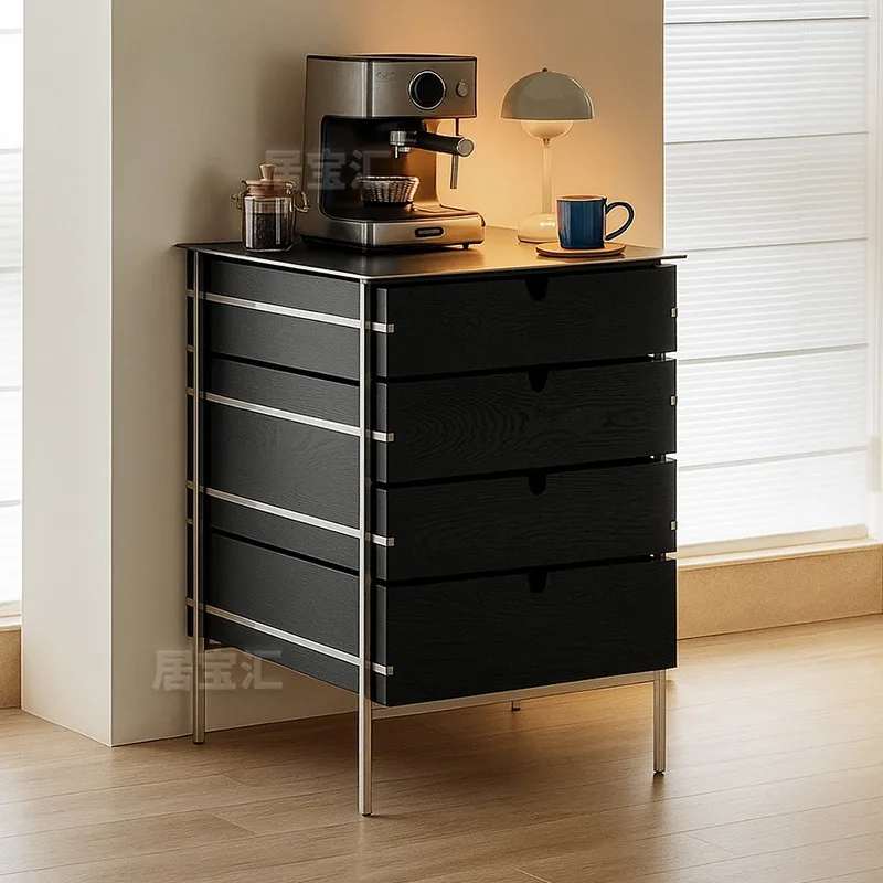 

Minimalist island chest combination cabinet ash wood black stainless steel four draw ancient retro household side cabinet