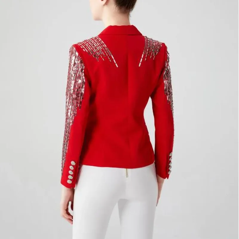 HKSH Women Blazer Heavy Sequins Embroidered Flares Double Breasted Solid Color Elegant Slim Fit Suit-Coats Spring Autumn HK25133
