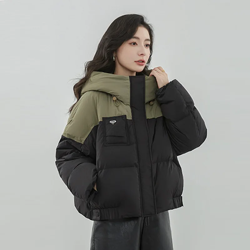 New Winter Clothes for Women Color Blocking Short Down Jacket White Duck Down Thickened Warm Top Hooded Loose Puffer Jacket