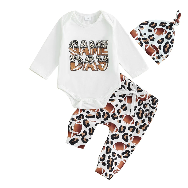 

Baby Clothing Set Long Sleeve Letters Print Romper with Rugby Print Pants and Hat Infant Clothes