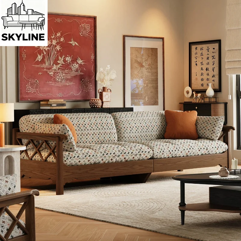 Solid wood straight row sofa living room Song's medieval fabric three people