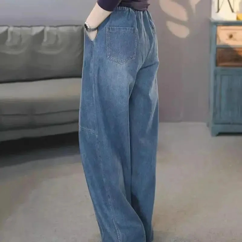 2026 Spring Wide Leg Jeans Women's American Curved Knife Retro Loose Jeans Trousers Women Large High Waist Sickle Floor Pants