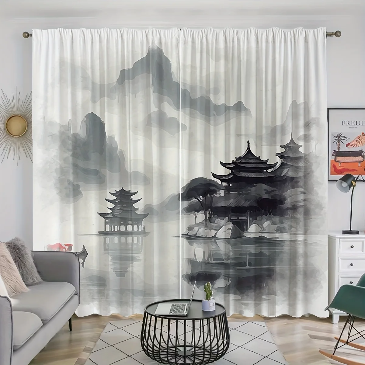 2pcs, Traditional Chinese Landscape Ink Painting Pattern Printed Curtains, Processed Through Poles, Suitable for Restaurants